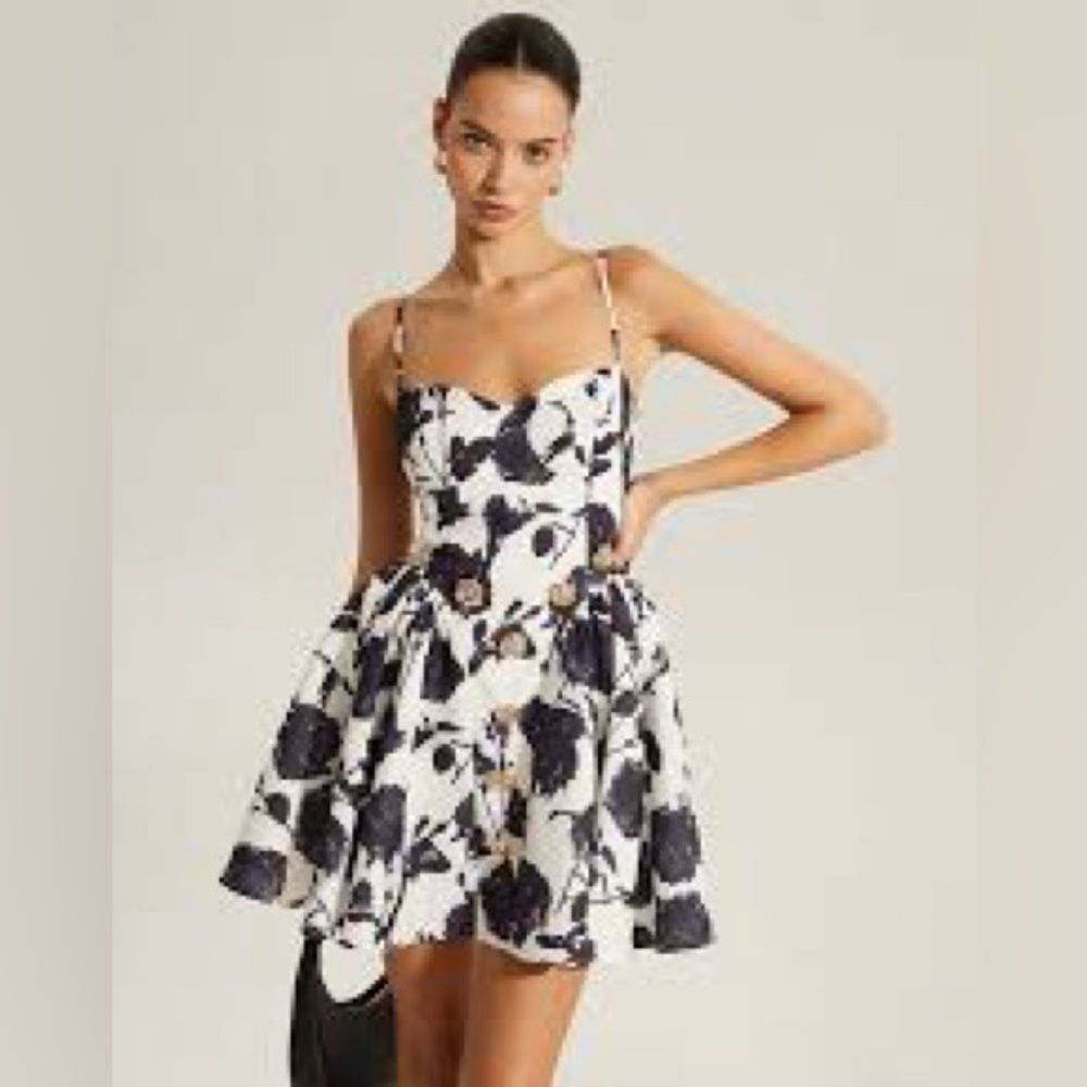 Commense Elegant White Black Floral Mini Dress w/ Gold Button Detail SZ XL NWT